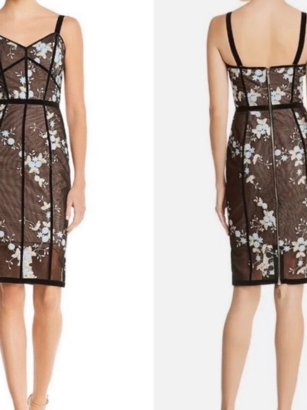Bronx and Banco Black Lace Midi Dress with Light Blue Floral Embroidery